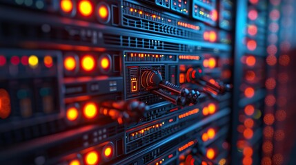 Detailed close-up of server hardware with glowing red LED indicators in a network data center, emphasizing advanced technology and data communication. - obrazy, fototapety, plakaty