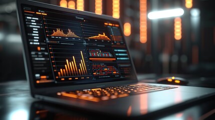 An open laptop on a desk displaying complex data analytics and graphs, with the glowing lights of server racks in the background. - obrazy, fototapety, plakaty