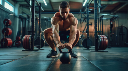 Fototapeta na wymiar muscular man is intensely focused as he prepares to lift a kettlebell in a gym, with workout equipment and weights in the background.