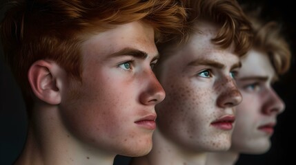 Young man with reflective expressions in a row. concept of self-evaluation and introspection in contemporary photography. ideal for modern psychology themes. AI