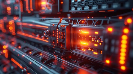 Detailed view of a server's hardware with active red LED indicators, emphasizing the power of modern data centers.