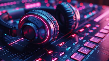 Fototapeta na wymiar Close-up of high-quality DJ headphones resting on a vibrant mixer board, highlighting a professional music mixing environment.