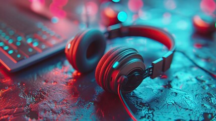 Headphones with soft ear cups rest on a wet surface next to a backlit laptop keyboard, showcasing a moody and modern music setup. - obrazy, fototapety, plakaty