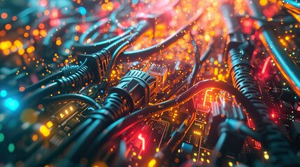 Network cables plugged into a circuit board with a vibrant array of glowing lights, depicting active data transmission and connectivity. - obrazy, fototapety, plakaty