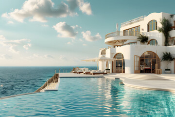 Obraz na płótnie Canvas art deco style house and pool on the edge of the ocean soft color fields