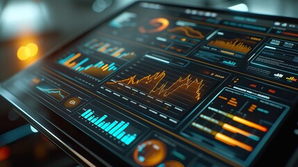 Obraz premium Advanced analytics dashboard presenting complex data through charts and graphs on a digital interface.