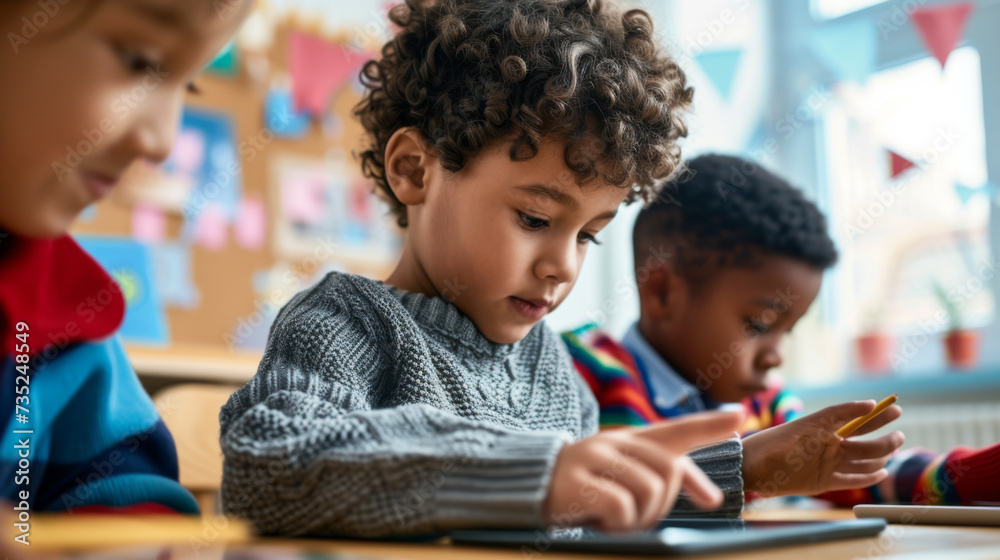 Poster two young boys engaged with tablet computers, likely in a classroom setting with educational toys an