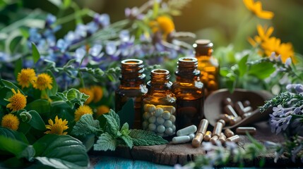 Tranquil herbal remedy scene with essential oil bottles surrounded by fresh plants. natural medicine concept in soft light. serene botanical still life perfect for wellbeing themes. AI