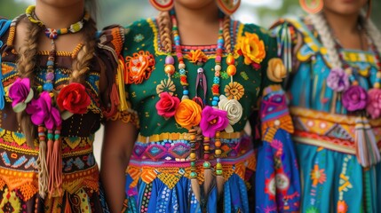 Community members dressed in traditional garments for a local celebration, vibrant colors and...