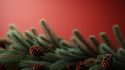 Christmas tree branches on a red background