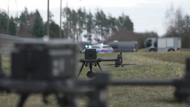 Specialized Drone Ready for Takeoff in Search Operation with Police