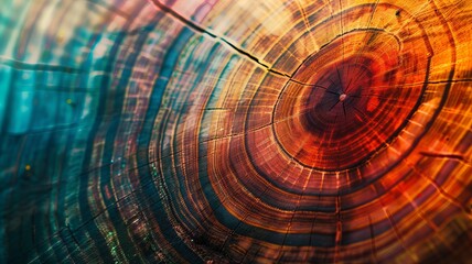 Abstract Colorful Tree Rings Artistic Background. Vibrant abstract background featuring close-up patterns of tree rings enhanced with multicolored tones.

