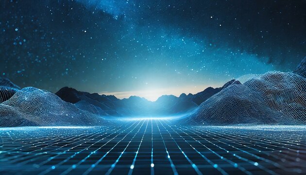 Abstract digital landscape with particles dots and stars on horizon