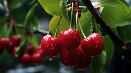 Obraz premium Ripe fresh cherries in the raindrops hanging on tree branch in garden, macro.