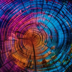 Colorful Abstract Tree Growth Rings Design. A mesmerizing abstract image showcasing the intricate growth rings of a tree in a kaleidoscope of colors.

