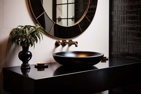 A Black Sink With A Round Mirror