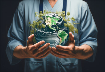 scientist holding the planet in his hands, in a perfect state, awareness, care, ecology, climate change, respect - obrazy, fototapety, plakaty