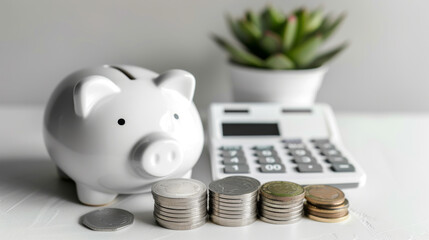 A white piggy bank accompanied by stacked coins and a calculator, symbolizing financial savings and budgeting on a bright surface with a plant in the background.
