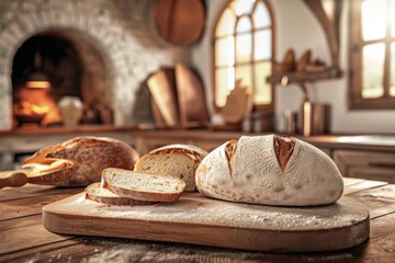 Freshly Baked Sourdough Bread on a Rustic Cutting Board in a Cozy Artisan Bakery Interior with a Brick Oven in the Background. Generative AI.