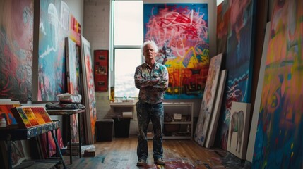 A contemplative man stands among a vibrant array of modern paintings, his clothing blending seamlessly with the art adorning the walls, immersed in the visual arts that surround him
