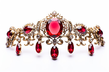 gold crown with red ruby stone isolated on white background - obrazy, fototapety, plakaty