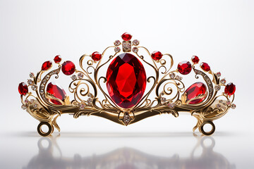 gold crown with red ruby stone isolated on white background - obrazy, fototapety, plakaty