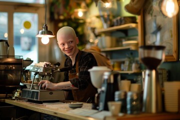 Fototapeta na wymiar A woman in casual clothing stands behind the countertop of a quaint coffee shop, surrounded by walls adorned with vintage tableware and kitchen appliances, as she prepares a steaming cup of coffee fo