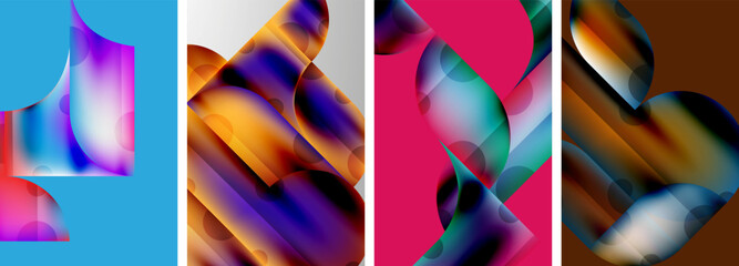 Set of colorful geometric posters - round shapes and circles with fluid color gradients. Abstract backgrounds for wallpaper, business card, cover, poster, banner, brochure, header, website