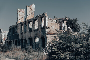 destroyed houses in an abandoned city without people in Ukraine