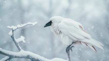 A majestic bird braves the harsh winter, its feathers fluffed against the freezing cold as it perches on a snow-covered branch, a symbol of resilience and beauty in the midst of nature's frozen embra