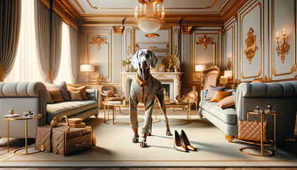 A Weimaraner dog standing on two legs, dressed in a stylish suit, in a luxurious room with classical decor and opulent golden accents.Animal representation concept.AI generated.