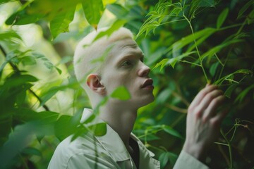 A lone figure stands amidst a lush green forest, their human face peering through the foliage as they blend into the natural landscape in their summer clothing