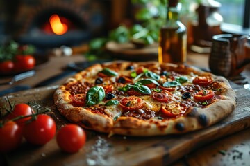 Neapolitan Pizza with mozzarella cheese, tomatoes and basil on a wooden board. Neapolitan. Cheese...