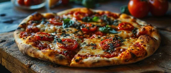  Neapolitan Pizza with mozzarella cheese, tomatoes and basil on a wooden board. Neapolitan. Cheese Pull. Neapolitan Pizza on a Background with copyspace. © John Martin