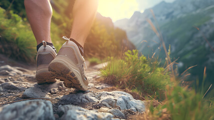 Men's legs with sports shoes along a mountain path 