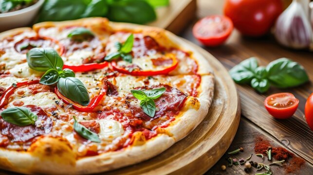 Neapolitan Pizza with mozzarella cheese, tomatoes and basil on a wooden board. Neapolitan. Cheese Pull. Neapolitan Pizza on a Background with copyspace.