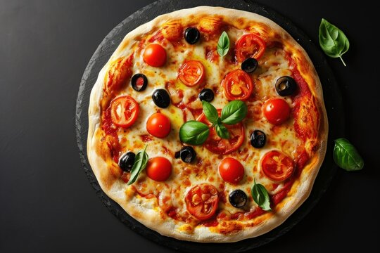 Neapolitan Pizza with tomatoes, olives and basil on black background, top view. Neapolitan. Cheese Pull. Neapolitan Pizza on a Background with copyspace.