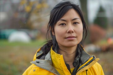 A young girl stands in a field, her human face framed by long grass, wearing a vibrant yellow jacket that adds a pop of color to the serene outdoor scene