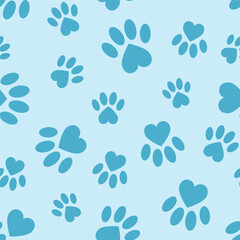 Blue seamless pattern of dog paw prints