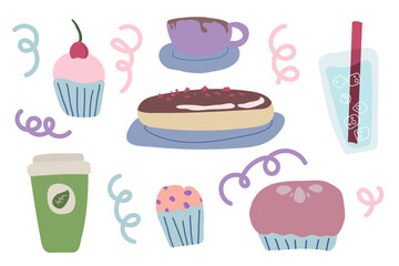 Cafe Sweets Delight Drinks Elements. Illustration in flat hand drawn with soft muted colours. Muffin cupcake hot cocoa soda cherry matcha latte raspberry pie