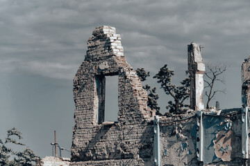 destroyed houses in an abandoned city without people in Ukraine
