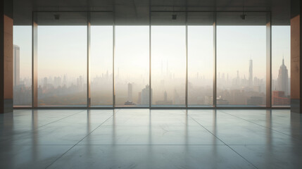 interior view from a modern office, with a clear sightline through large floor-to-ceiling windows that offer a panoramic view of a city skyline in a soft, diffused light