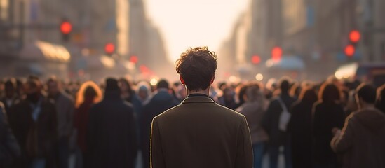 A young man stands in the middle of crowded street