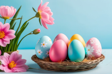 Colorful Easter eggs and blooming pink flowers on light blue background.