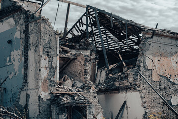 destroyed houses in an abandoned city without people in Ukraine