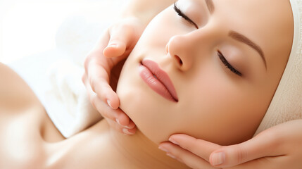Obraz na płótnie Canvas A beautiful woman receiving a facial massage treatment. Skin care. White background. 