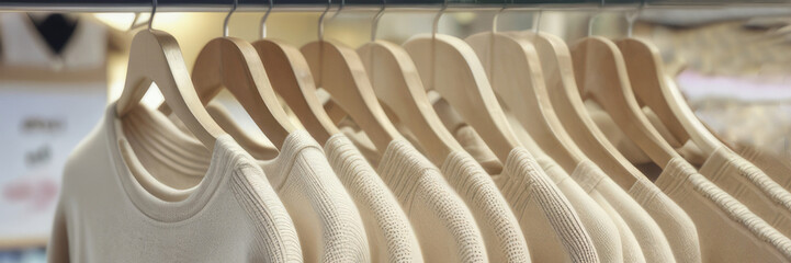 Fototapeta na wymiar Pastel beige sweaters on hangers in a store.