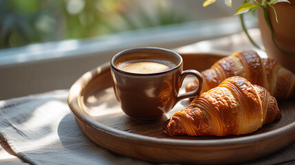 Morning coffee with a croissant on a tray