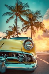 Sunset Serenity: Low Angle Shot of Pastel Yellow Vintage Car with Palm Trees in Pastel Sunset