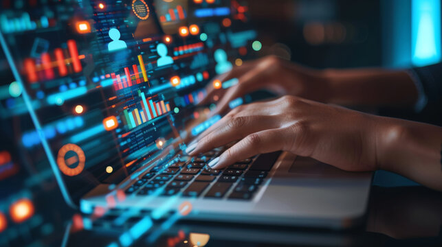 person's hands are seen typing on a laptop keyboard, with futuristic digital graphics of charts, graphs, and data analytics floating above the computer screen.